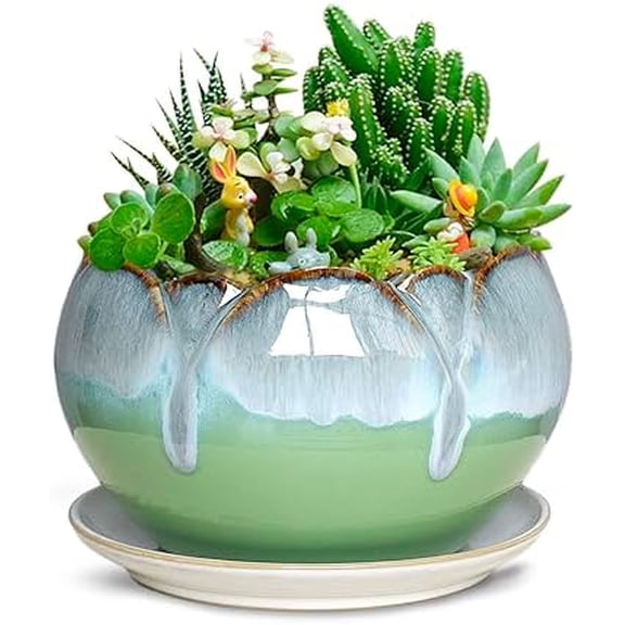 5.5'' Inch Rustic Drip Glazed Ceramic Planter/Succulent Pot/Plant Pot w. Saucer/Tray, Green