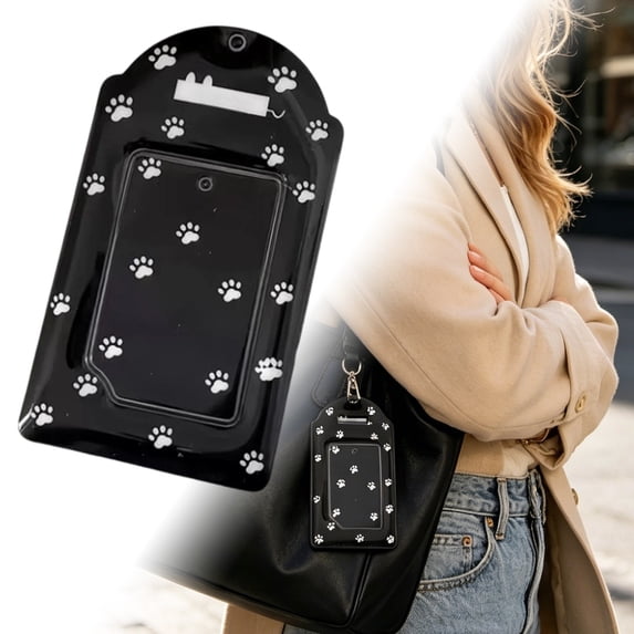 5.5" Paw Print ID Card Holder, Clear Badge Protector with Clip for Work, School & Travel(Black)