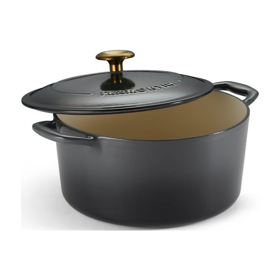 Tramontina Bestow 5.5-Quart Enameled Cast Iron Round Dutch Oven with Lid, Smoke with Gold Stainless Steel Knob, Oven-Safe