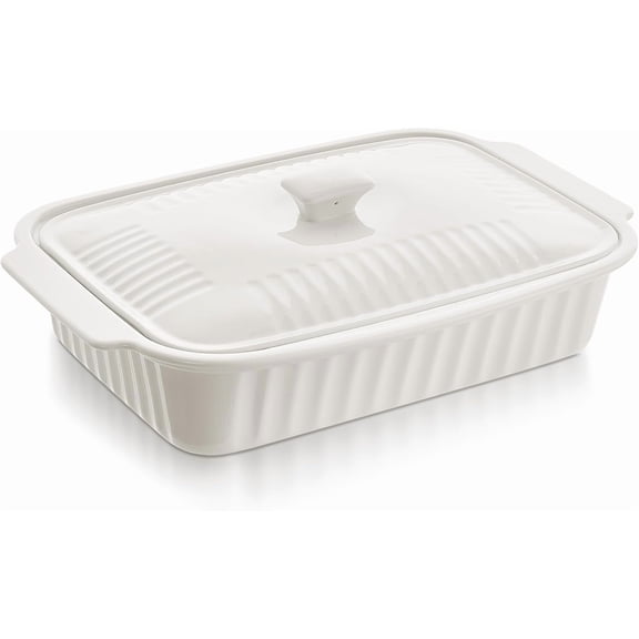 5.5 Quart Ribbed Rectangular Ceramic Baking Pan with Lid, 13.5x9 Inch Lidded Oven Safe Casserole Dish White Kitchen Bakeware