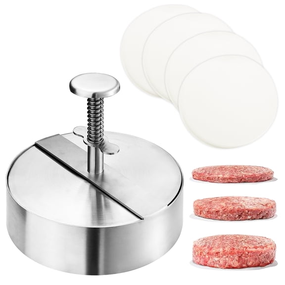 5.5" Round Non Stick Hamburger Press Patty Maker with 200 Wax Paper, 304 Stainless Steel Burger Patty Press, Hamburger Patty Maker Shaper Adjustable Thickness for Meat Beef Sausage Silver