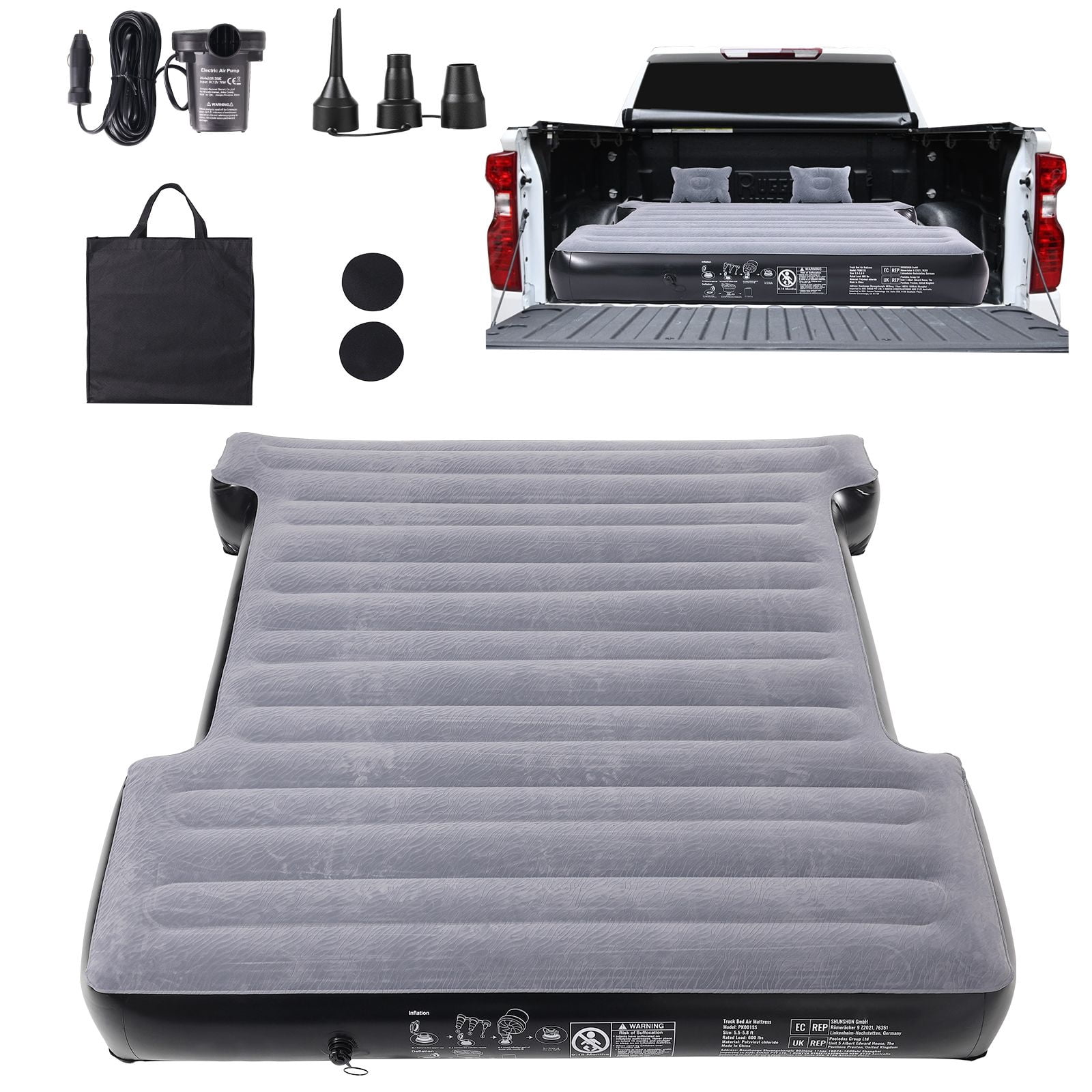 5-5 Truck Bed Air Mattress, 600LBS Load Capacity, Inflatable Air Mattress Camping Bed with 12V Air Pump 2 Pillows, Truck Length 5.5-5.8 ft, for home office apartment bedroom and small space use