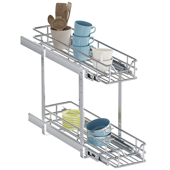 LUXEYARD Pull Out Cabinet Organizer 5.5 in W x 21.5 in D 2 Tier Slide Out Wire Basket Drawer Chrome 1 Pack