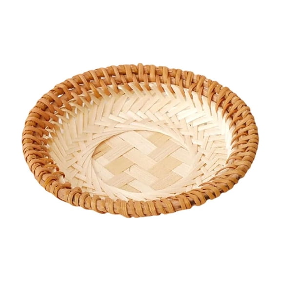 5.5" Woven Bamboo Serving Tray, Handwoven Shallow Flat Basket, Round Bamboo Tray - Decorative Rattan Fruits & Snack Plate