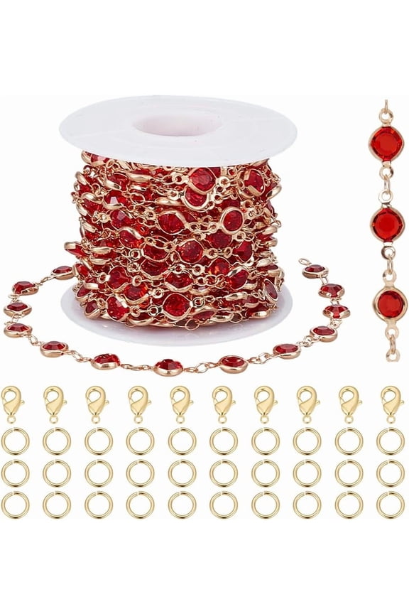 5.5 Yard Red Rhinestones Jewelry Chain Link with Gold Plated Brass Chain Bulk Red Glass Flat Round Link Chains Brass Plated Handmade Chains