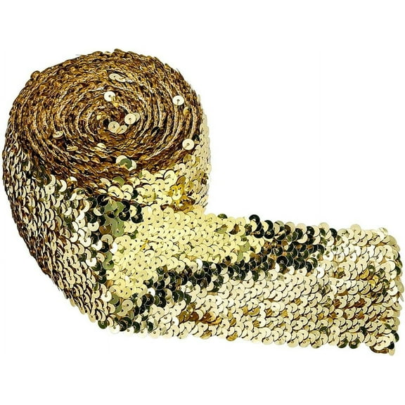 5.5 Yards 3 Inch Wide Gold Elastic Sequin Ribbon Flat Sequins Paillette Lace Trim Stretch Bling Ribbon Metallic Fabric For Dress Headband Sewing Craft
