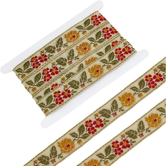 5.5 Yards Ethnic Style Polyester Embroidery Flower Ribbons Garment Accessories Pale Goldenrod 1-1/4 inch(32mm)