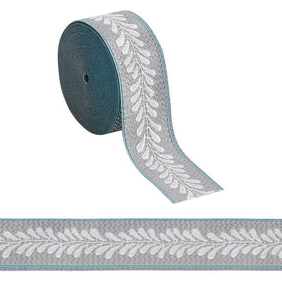 5.5 Yards Jacquard Ribbon Trim Leaf Pattern Jacquard 1.2 inch Wide Polyester Ribbons Dark Gray Leaf Jacquard Woven Embroidery Trim for DIY Sewing Craft Handmade Bag Belts Clothing Decoration