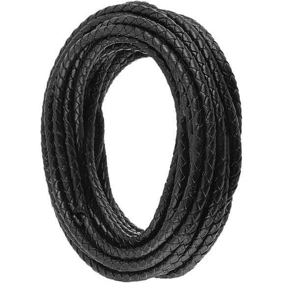 5.5 Yards Round Leather Cord Genuine Black String Rope for Crafting 4MM Bolo Tie Woven Real Leather Lace Cording Folded Braiding Strip Thread for Jewelry Necklace Bracelets Wraps diy
