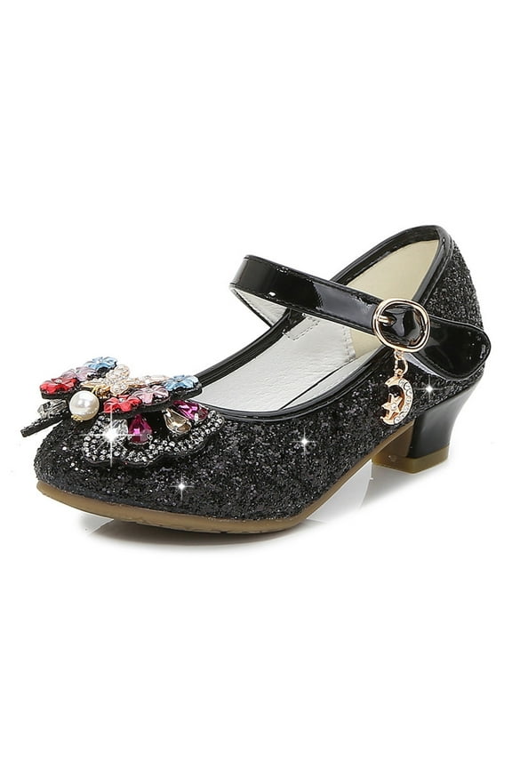 5.5 Years Little Kids Girls Dress Pumps Glitter Sequins Princess Low Heels Princess Dress Shoes Party Dance Shoes Rhinestone Sandals Black
