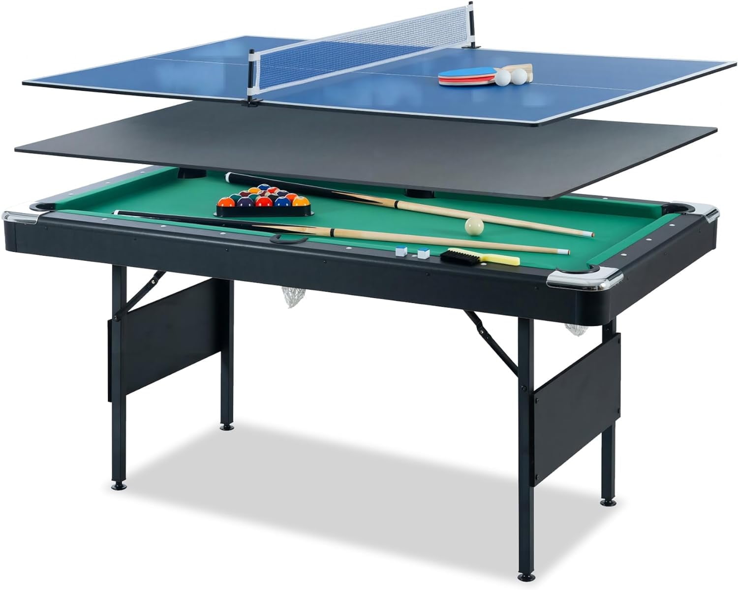 3-in-1 Multifunctional Game Table with Pool Table, Table Tennis Table and Dining Table, Indoor Game Table for Adults and Children, Folding Pool Table with Complete Accessories, Green