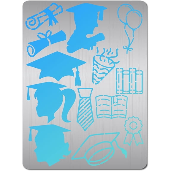 5.5 x 7.5 Metal Journal Graduation Stencils Reusable Stainless Steel Cutting Dies Stencil Caps Books Diplomas Balloons Ties Honor Belts Template for DIY