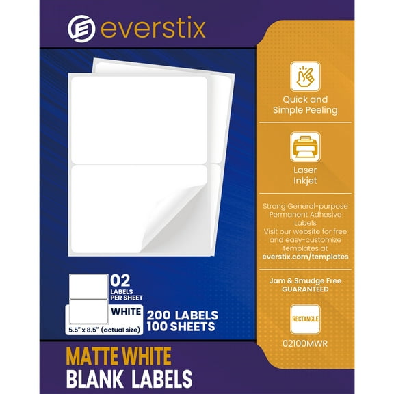 5.5" x 8.5", 100 Sheets, 200 Printable Half Sheet Labels, Blank Mailing Labels for Laser & Inkjet Printers, Letter Size