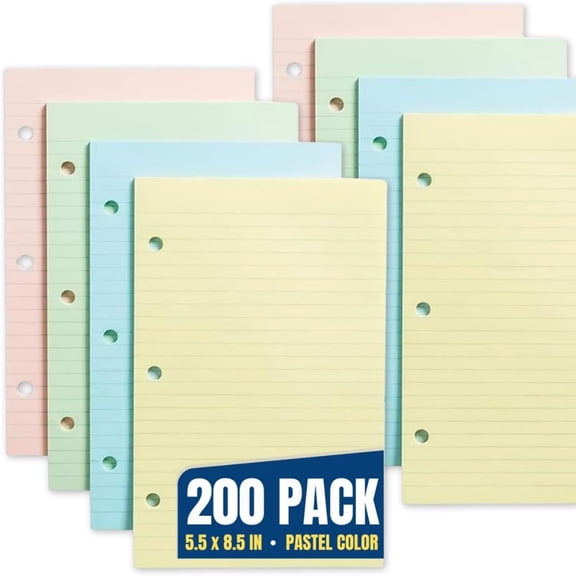 5.5 x 8.5 Paper, Pastel, College Ruled Mini Binder Paper, Loose Leaf Paper, Assorted Color, 200 Pack