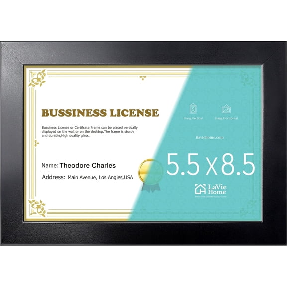 5.5 x 8.5 Picture Frame Black, 8.5 x 5.5 Business License Frame, Certificate Frames Fit Diploma, Document and Tax Certificate Self Standing with Wall Hangers(1 Pack)