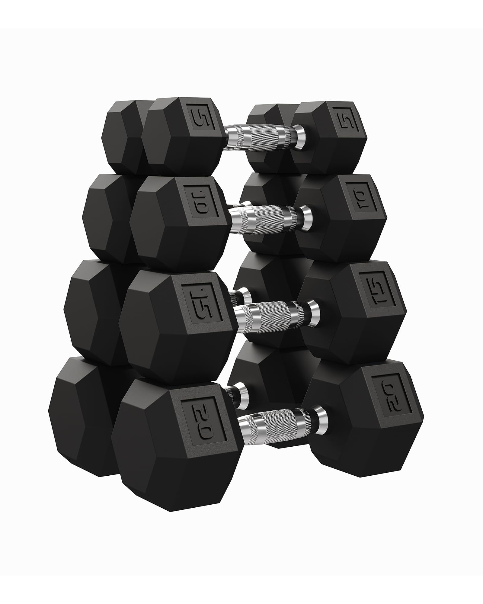 5-50 LB Hex Dumbbells Set of 2, Rubber Encased Cast Iron Dumbbells with Textured Carbon Steel Handle, Anti-Roll Hexagon Weight Pair Strength Training Hand Weights for Home Gym, Men & Women