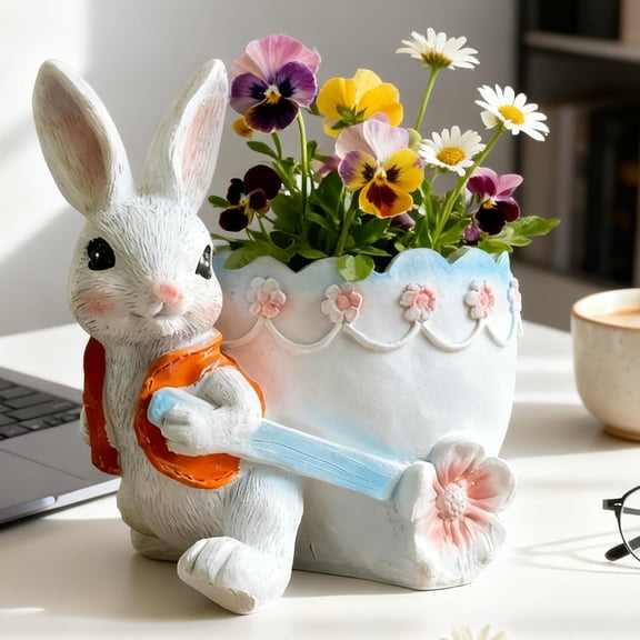 5.51 Inch Rabbit Holding Cabbage Resin Planter – Easter Bunny Succulent Pot with Drainage Hole, 3D Cute Animal Garden Decor Gift for Home, Easter Decorations