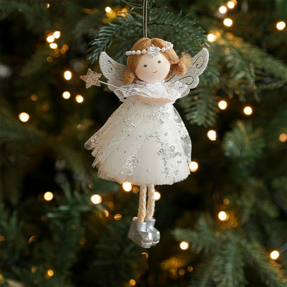 5.51in Tall Angel Christmas Tree Ornament with Star Crown & Glitter Dress - Winter Holiday Hanging Decoration for Xmas Tree,Party Decor,Sparkling Festive Home Decor