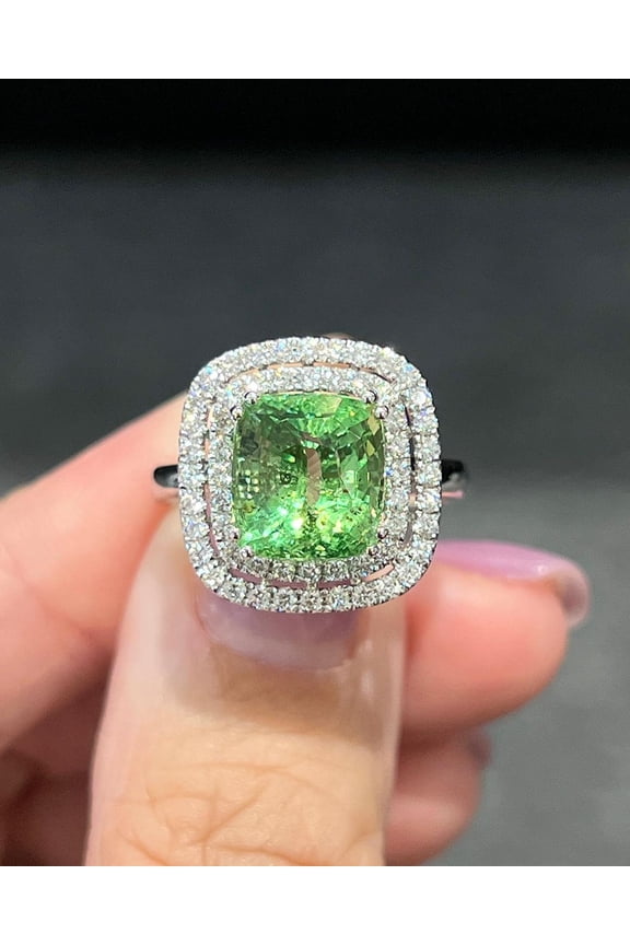 5.55 Ct Cushion Cut Certified Natural Green Garnet Tsavorite Diamond Engagement Wedding Ring Hallmarked 14K Solid White Gold Real Diamond Wedding Ring for Gift Women