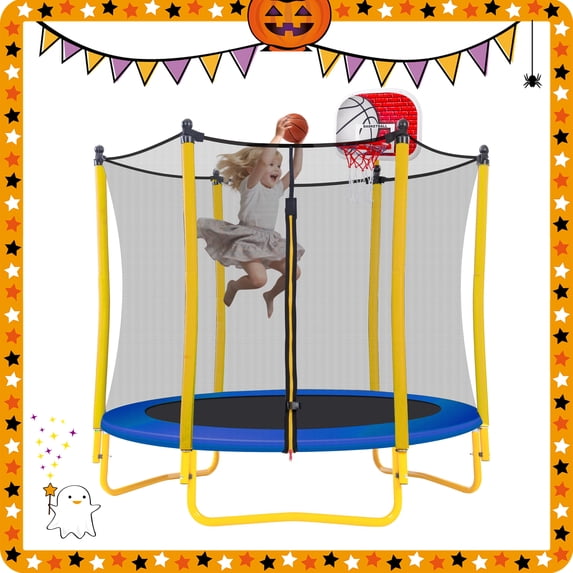 5.5FT Mini Trampoline for Kids, 65" Toddler Trampoline Indoor/Outdoor, Backyard Trampolines with Enclosure Net, Recreational Trampolines with Basketball Hoop and Ball, Yellow