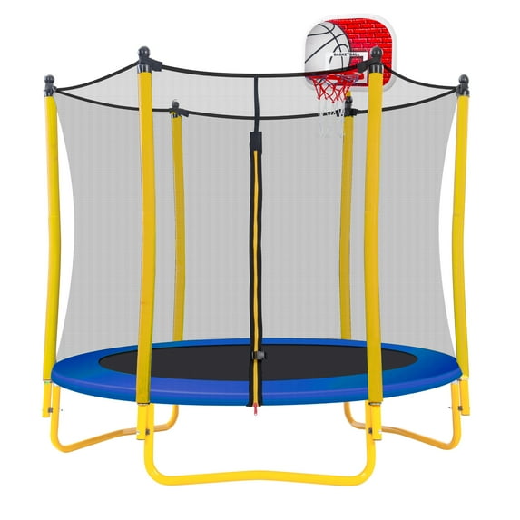 5.5FT Trampoline with Safety Enclosure for Kids, SEGMART Toddler Trampoline with Basketball Hoop, Kids Trampoline with Jumping Mat, Mini Trampoline, Indoor Trampoline, Gifts for Boys Girls, 220LBS