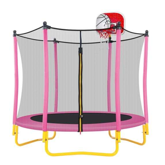 5.5FT Trampoline with Safety Enclosure for Kids, SEGMART Toddler Trampoline with Basketball Hoop, Kids Trampoline with Jumping Mat, Mini Trampoline, Indoor Trampoline, Gifts for Boys Girls, 220LBS