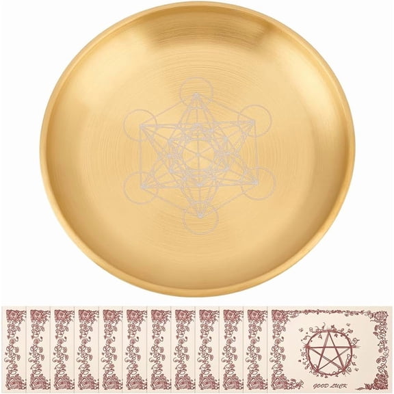 5.5Inch Gold Offering Prayer Ritual Bowl Stainless Steel Ritual Plate with 12Pcs Parchment for Smudging Decoration Trays Meditation Candle Holder (Hexagram) for DIY
