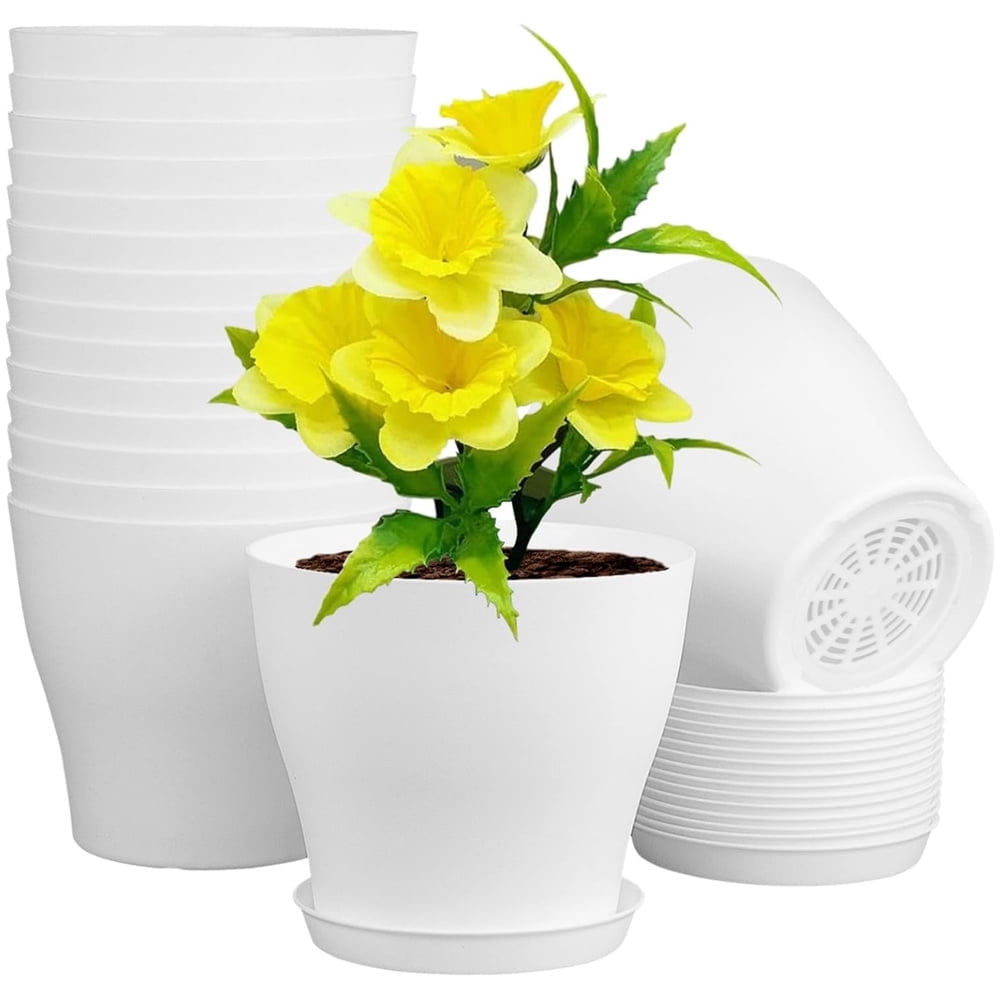 5.5Inch Seedling Pots,White Nursery Pots,Plastic Planters with Drainage Hole and Tray,Decorative Gardening Pots,Modern Flower Planters,for Small Indoor Outdoor Plants 8Pcs