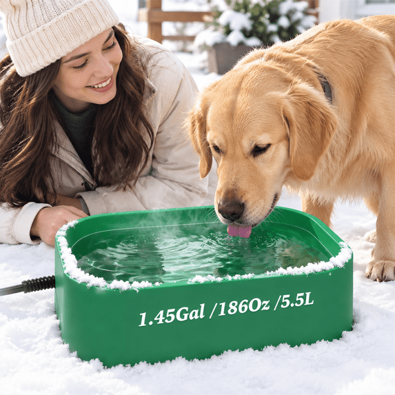 Large Cattery 5.5L Extra Large Heated Pet Water Bowl for Winter, Green, Anti-Slip ...
