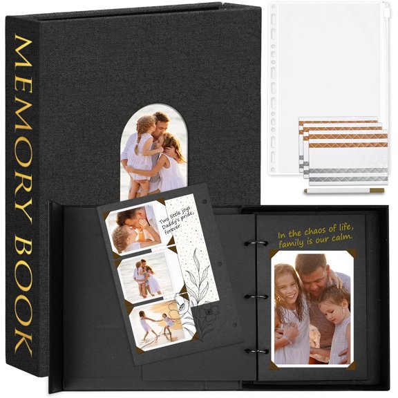 5.5X8.5 Inch 3-Ring Scrapbook Photo Album, Linen Cover Decorative Books with 30 Sheets 60 Pages Black Inner Pages, Memory Book for Anniversary, Birthday, Gifts, Home Dcor (Black)