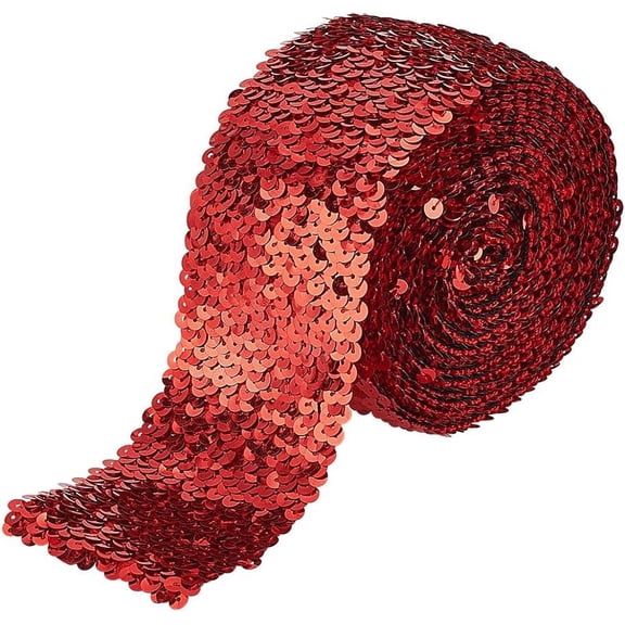 5.5Yards 8-Row Dark Red Elastic Sequin Ribbon Trim 3Inch Wide Metallic Sequin Trim Lace Paillette Trim Stretch Bling Paillette Ribbon