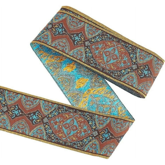 5.5Yards Jacquard Ribbon Trim 2 inch Wide Vintage Floral Embroidery Ribbon with Leaf Patterns Saddle Brown Polycotton Boho Embroidered Trim Fabric