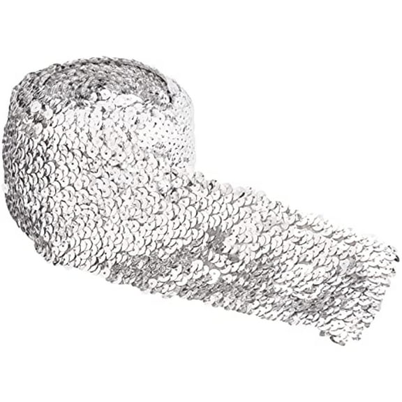 5.5Yards Sequin Trim Elastic Sequin Ribbon Flat Sequins Paillette Lace Trim 3 Inch Wide Silver Metallic Stretch Trim Bling Fabric Paillette Trim
