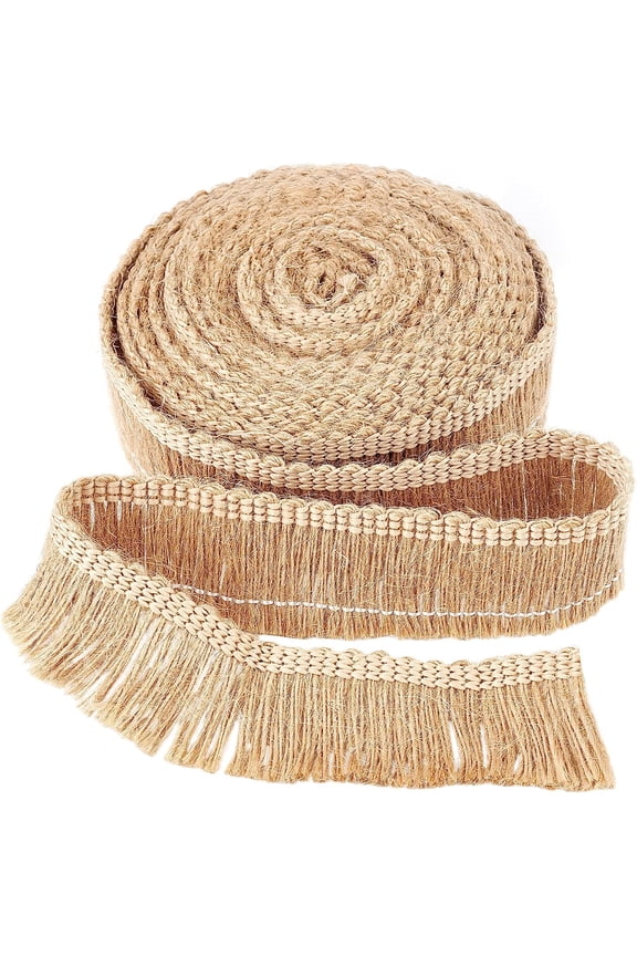 5.5Yds x 1.3 Inch Burlap Fringe Trim Tassel Jute Lace Sewing Chainette Fringe Fibre Trimmings Flat Jute Cord Handmade Hemp Rope Brush Fringe Basic Trim Collection for Latin Wedding Dress BurlyWood