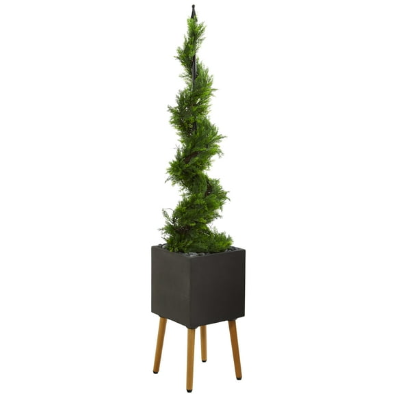 5.5ft. Cypress Artificial Spiral Topiary Tree in Black Planter with Stand