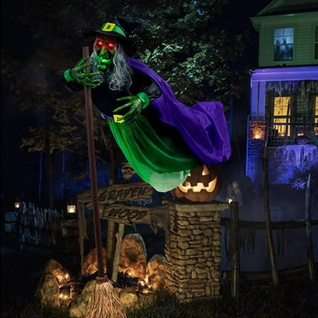 5.5ft Halloween Witch Decoration, Flying Witch Halloween Decor, Halloween Animatronics Witch with Light Up Eyes and Sound Decoration for Halloween Indoor Outdoor Yard