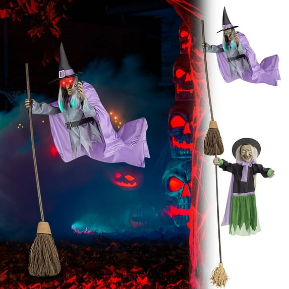 5.5ft Halloween Witch Decoration, Flying Witch Halloween Decor, Halloween Animatronics Witch with Light Up Eyes and Sound Decoration for Halloween Indoor Outdoor Yard