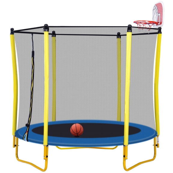 5.5ft Kids Mini Trampoline with Basketball Hoop, Safety Enclosure Net, U-Shaped Stable Legs & Foam Padded Poles, Indoor Outdoor Toddler Trampoline, Yellow