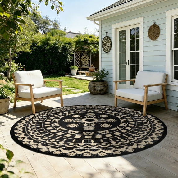5*5ft Round Outdoor Rug Circle Outside Area Rug Boho Reversible Patio Rug Plactic Straw Rug for Patios,Deck,Picnic,Beach,Trailer,Camping,Black&Beige