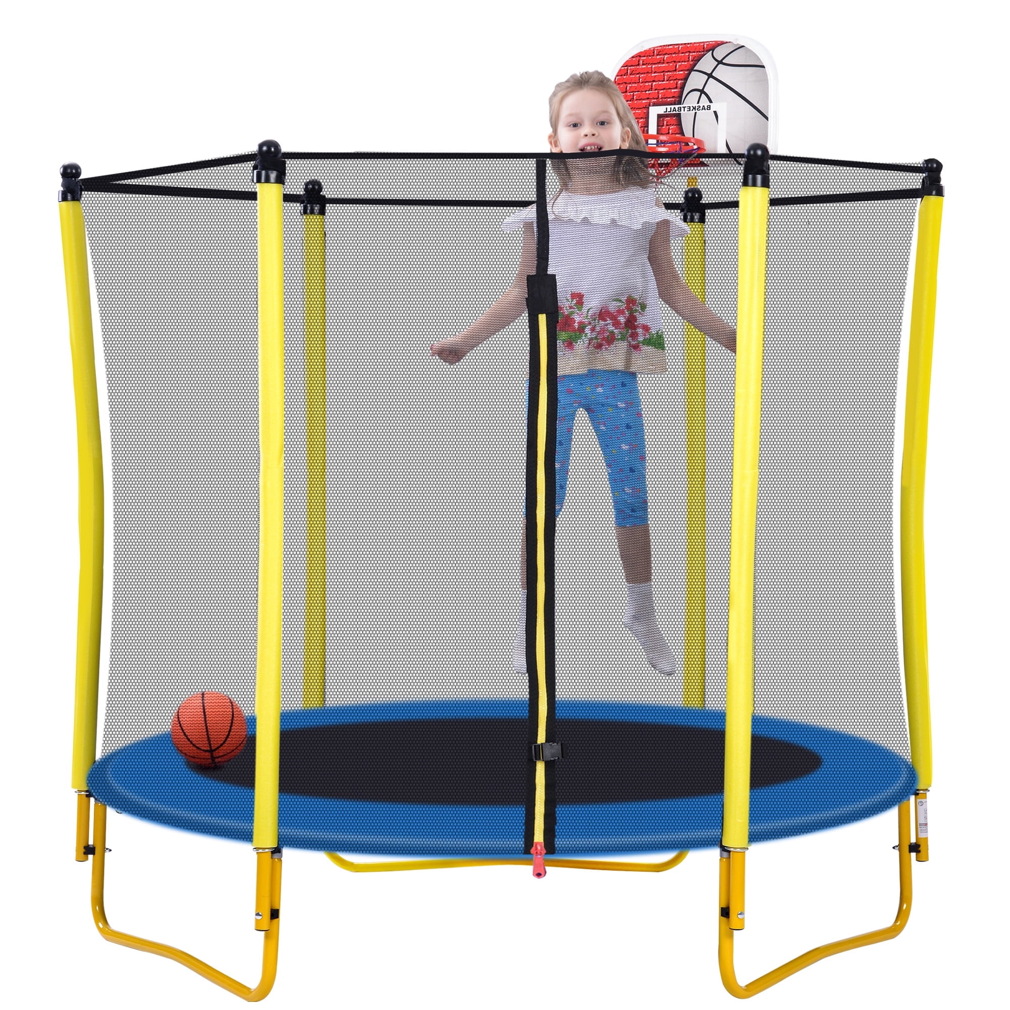 5.5FT Toddler Trampoline with Basketball Hoop, SHINPT Mini Trampoline for Kids, 65" Outdoor/Indoor Trampoline with Enclosure Net, Recreational Trampoline for Patio, Backyard, Garden, Lawn, Yard