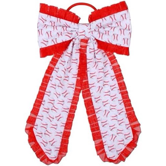 5.5in Long Tail White Baseball Ribbon Ponytail Holder Elastic Hair Tie with Red Layer Ruffle for Cheerleader Girls Baseball Moms Team Players Fans Day Accessory
