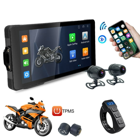 5.5in Motorcycle GPS Nav w/Carplay & Auto, 1080P Dash Cam F&R, BT/WiFi/TPMS for Scooter