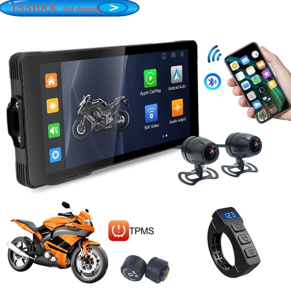 5.5in Motorcycle GPS Navigation with CarPlay & Android Auto: 1080P HD Front/Rear Dash Cam, Tire Pressure Monitoring, IP66 Waterproof Touchscreen, WiFi, Loop Recording & Bluetooth Audio