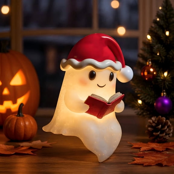 5.5in Multicolor Christmas Ghost Reading Book Lamp Resin Spooky Night Light Whimsical Ghost Figurine for Halloween home Decor Tabletop Ornament