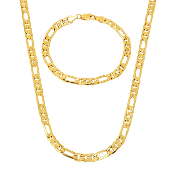 5.5mm 14k Yellow Gold Plated Flat Figaro Chain Necklace + Bracelet Set, 18" (Necklace) + 7" (Bracelet)