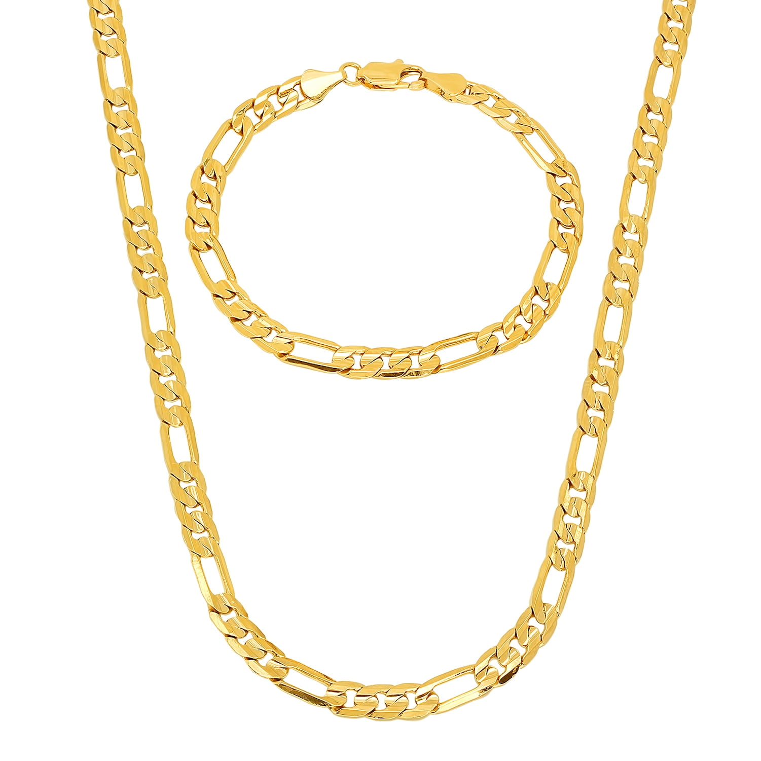 5.5mm 14k Yellow Gold Plated Flat Figaro Chain Necklace + Bracelet Set, 24" (Necklace) + 8" (Bracelet)