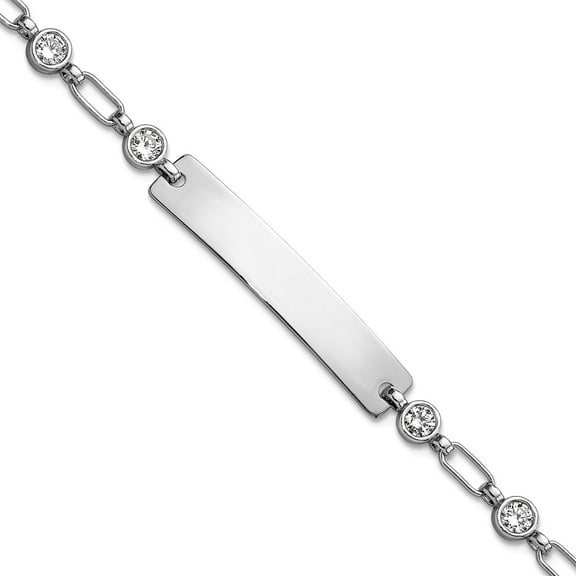 5.5mm 925 Sterling Silver Rhodium Plated Bezel Cubic Zirconia ID Bracelet 7.5 Inch Identification Bracelet for Women