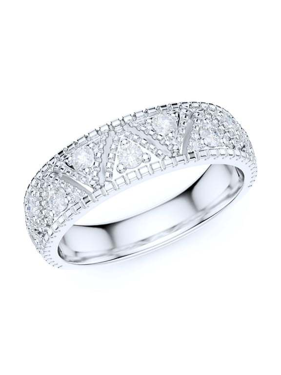 5.5mm Wide Sterling Silver Vintage Milgrain Simulated Round Brilliant Cut Diamonds Unisex Wedding Ring (8)