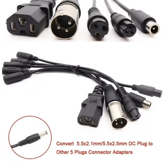5in1 5.5x2.1mm DC Plug Conversion Charger Adapters For Electric Device with 8/12 mm 3-pin/XLR/8mm RCA/ICE 3-Pin T Port