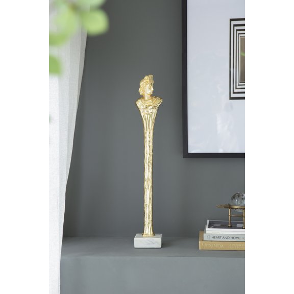 5.5x5.5x28" Elongated Gold Roman Statue on White Marble Base